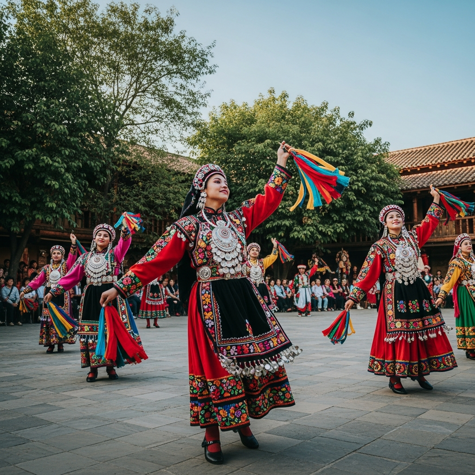 A photograph of a traditional cultural festival with vibrant costumes and dance performances