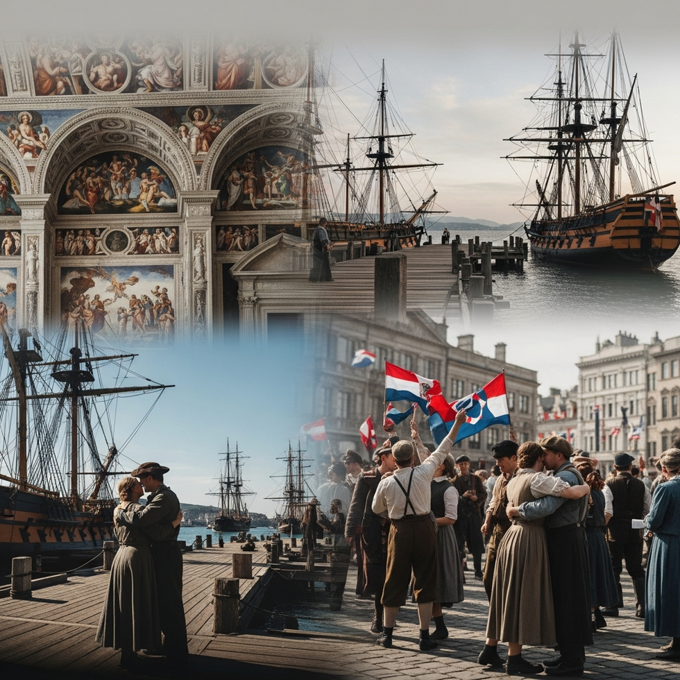 A collage image showing key historical moments such as Renaissance art, colonial ships, and post-war celebrations