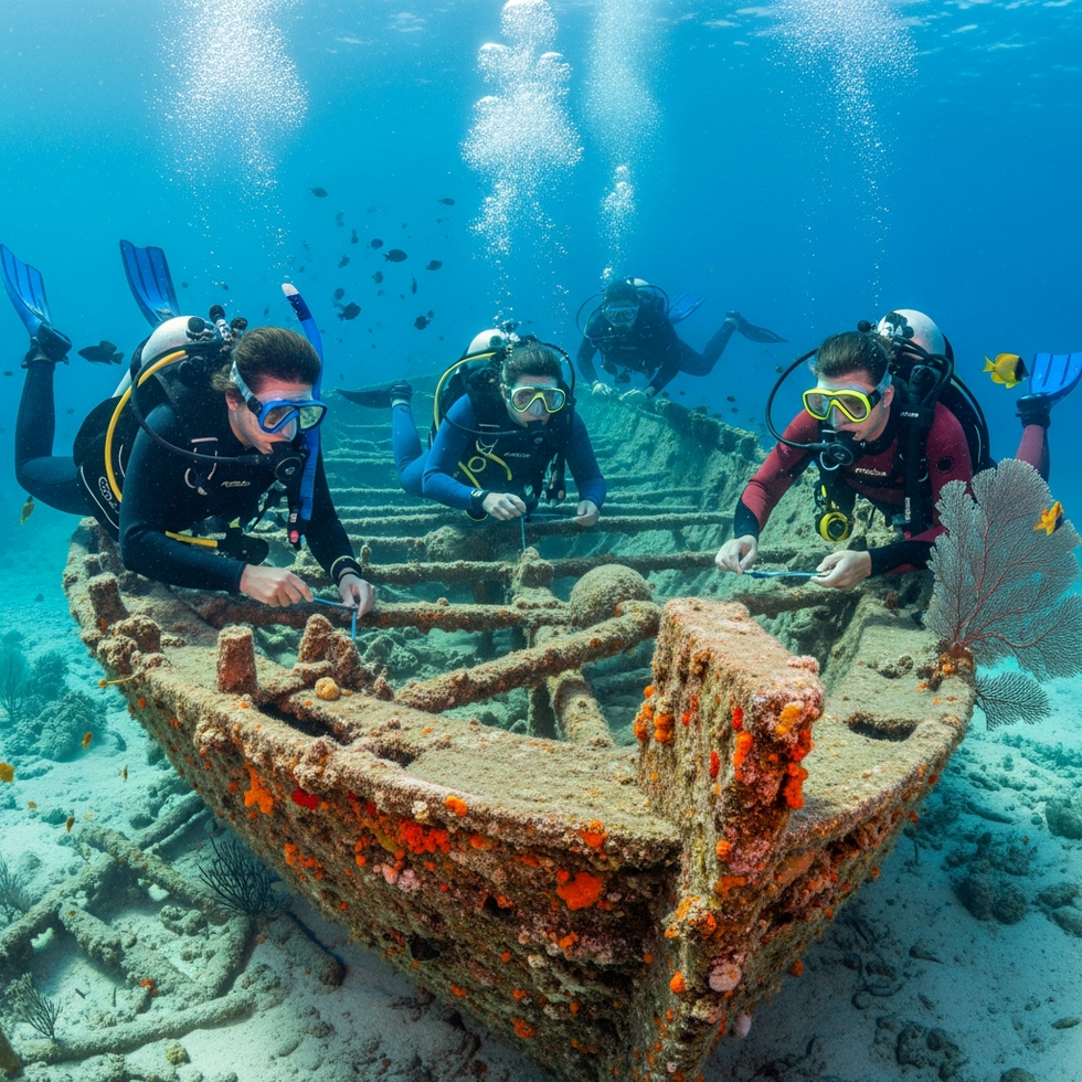 Underwater archaeological team examining a well-preserved ancient shipwreck in the Mediterranean