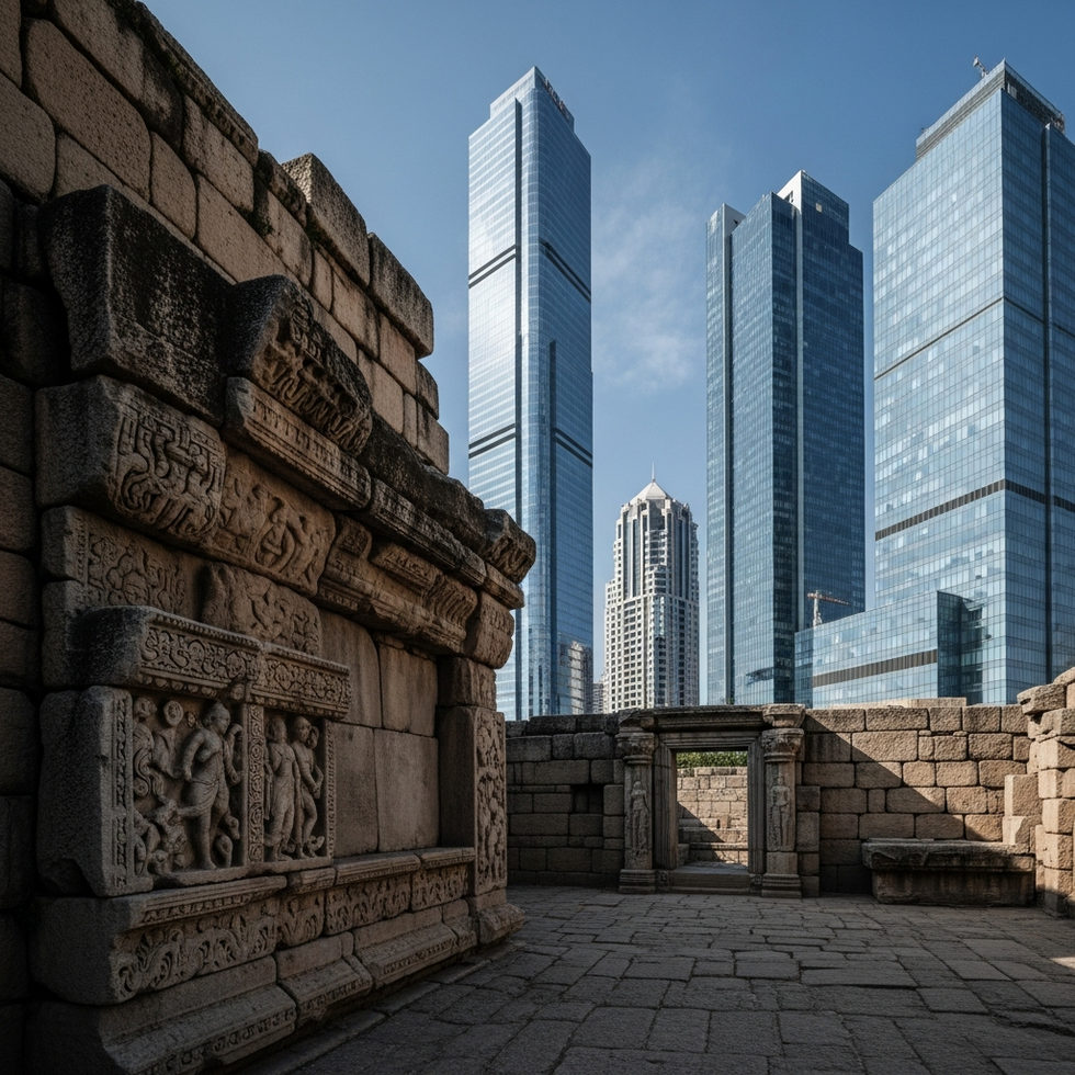 An imagery of ancient ruins juxtaposed with modern cityscapes demonstrating cultural continuity