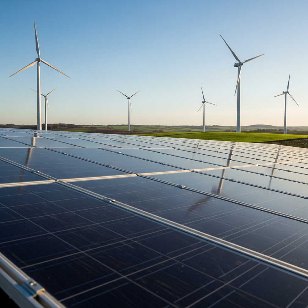 renewable energy A close-up of solar panels and wind turbines in a renewable energy farm