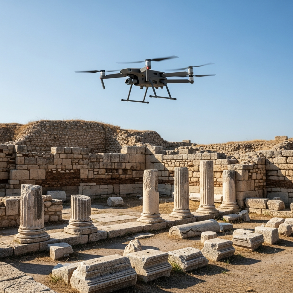 Image of a drone flying over an archaeological site with visible ruins below, illustrating modern surveying technology in use.