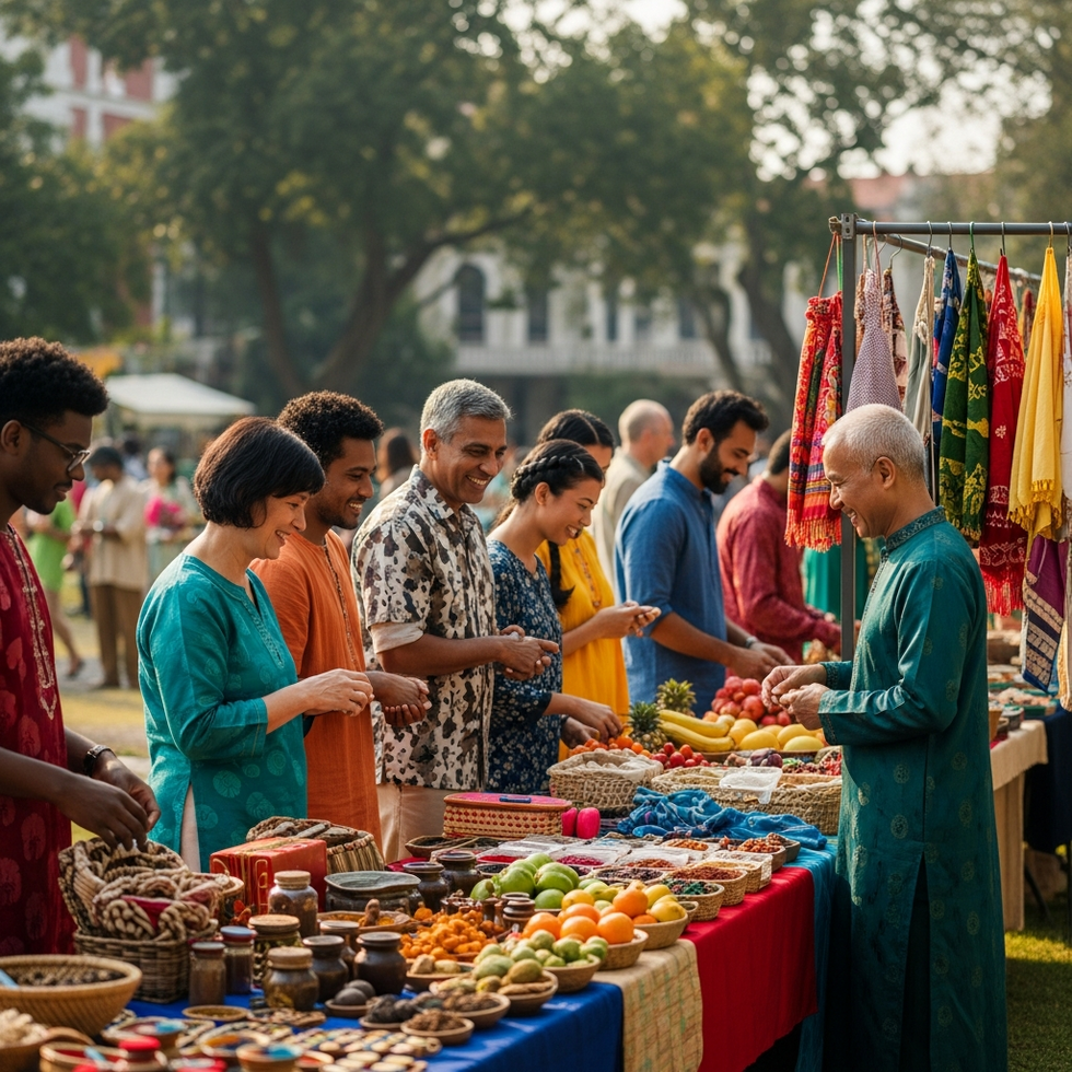 An image of a diverse community engaging in cultural festivals and markets, symbolizing voluntary cultural exchange.
