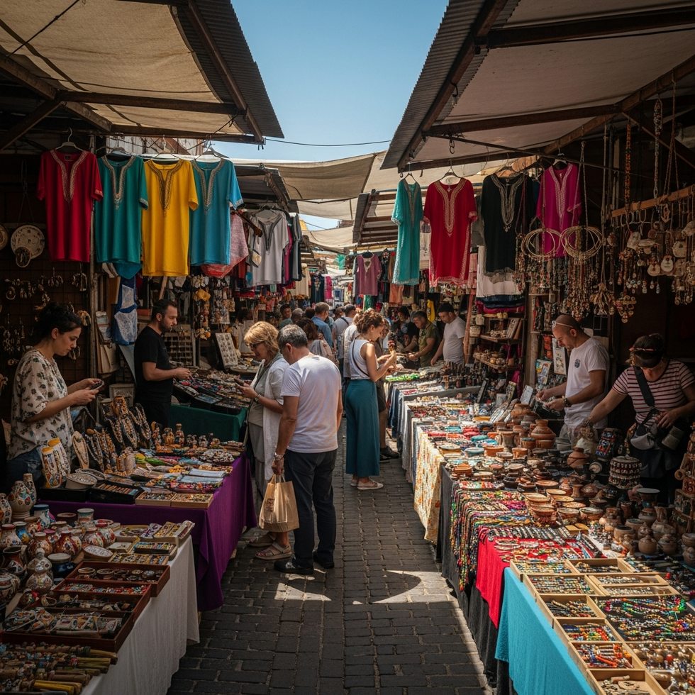 A bustling global marketplace with diverse cultural items from different parts of the world thriving under free-market principles.