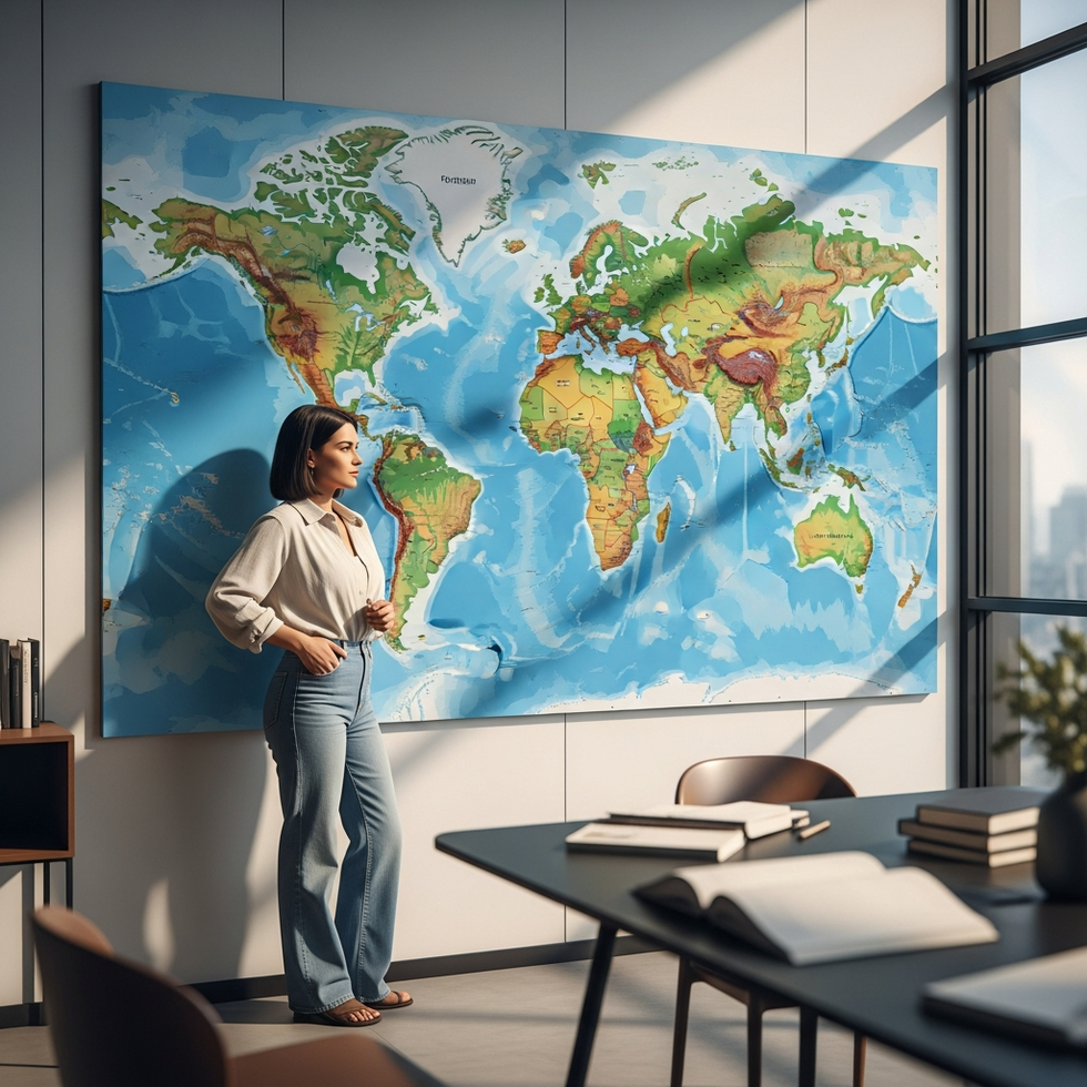 A world map illustrating cultural influences spreading freely across borders, representing global cultural competition.