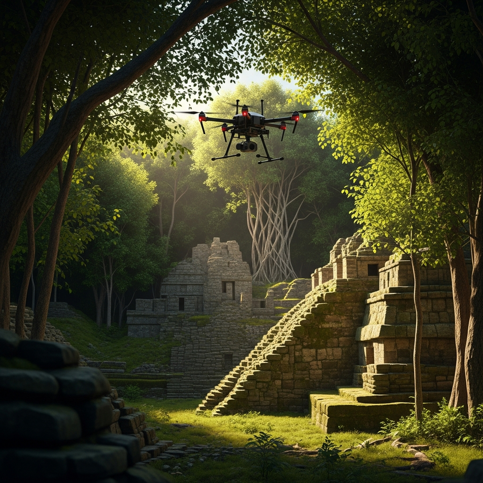 A drone-mounted LiDAR scanner captures dense jungle terrain revealing hidden Mayan ruins