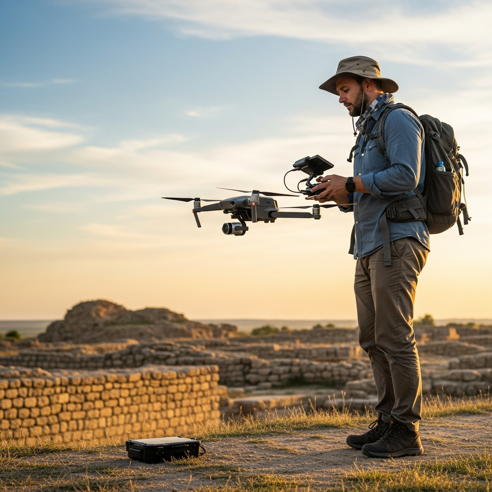 a modern archaeologist using a drone for survey of an ancient site at sunset