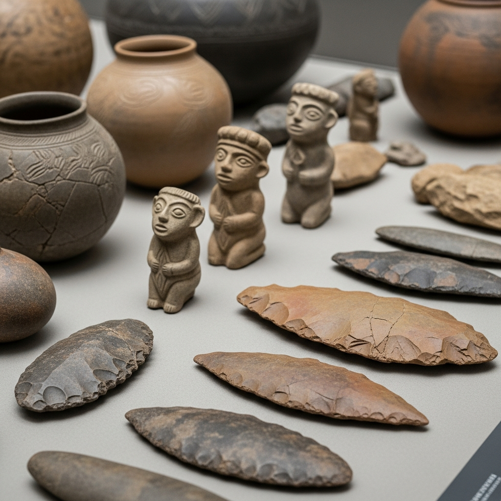 Close-up images of Neolithic stone tools, pottery, and figurines, highlighting craftsmanship and artistic detail.