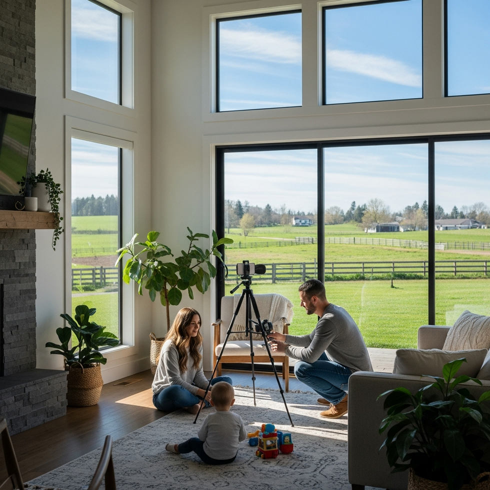 Image of modern Mormon influencers recording TikTok videos in their homes or farms, with vibrant farm scenery and stylish home interiors