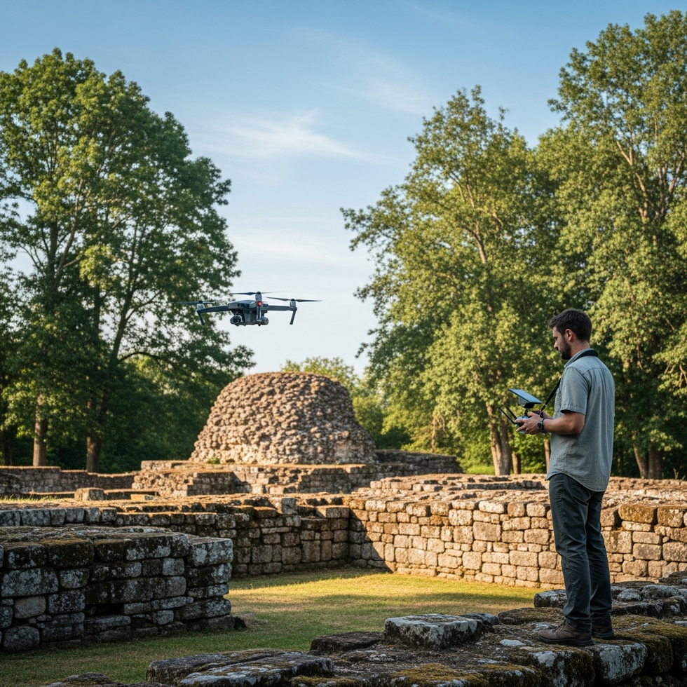 An engineer using a drone to survey a historic site for conservation purposes, illustrating modern technology in heritage preservation.