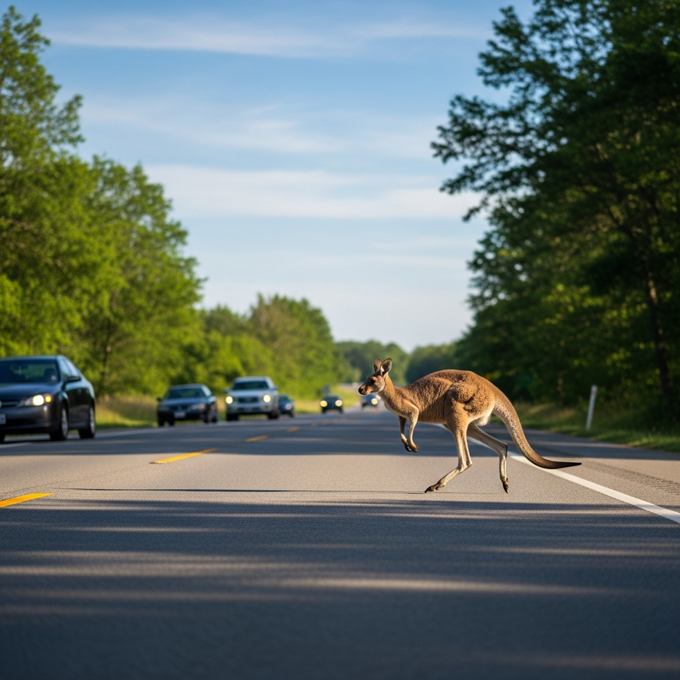 a kangaroo crossing a Virginia highway with cars stopped in the background