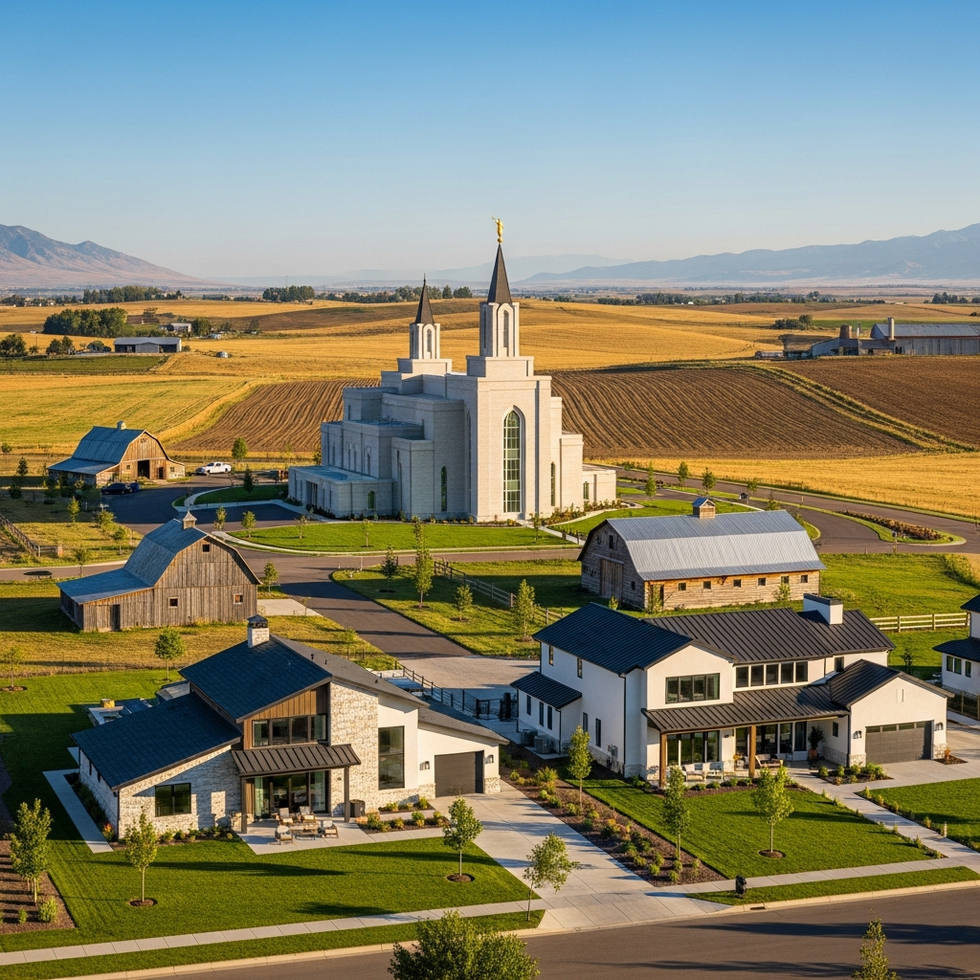 Image of Utah’s modern temples alongside farm landscapes and influencer homes, capturing the blend of tradition and modernity