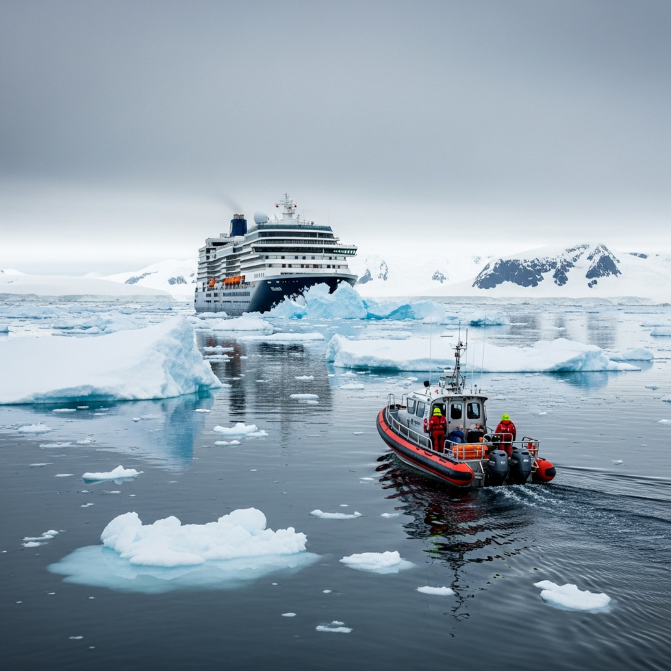 a rescue boat navigating icy waters near Antarctica, with the trapped cruise ship in view