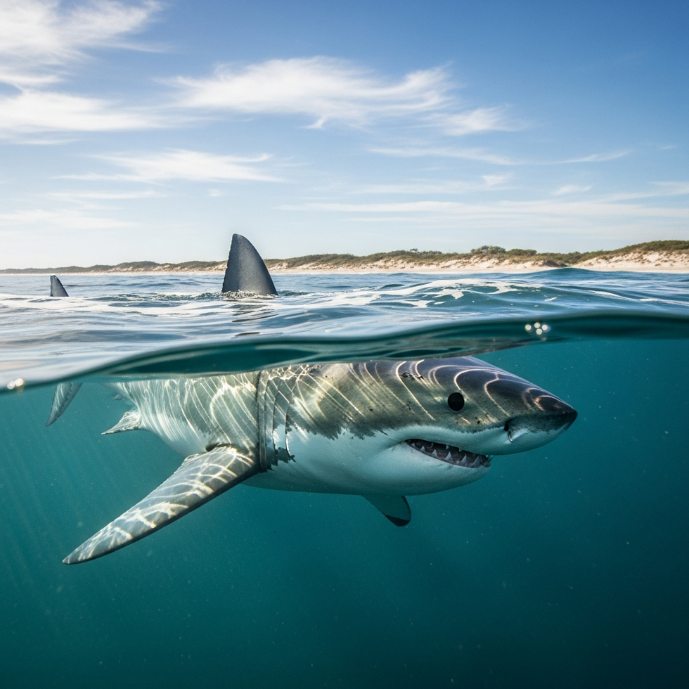 a large great white shark swimming near the Florida coast, illustrating a rare migration pattern
