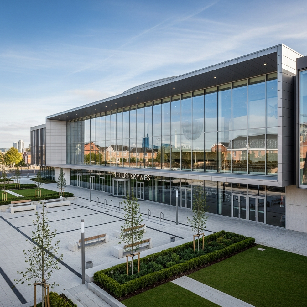 Artist's impression of a new modern cultural venue in Milton Keynes with large seating capacity