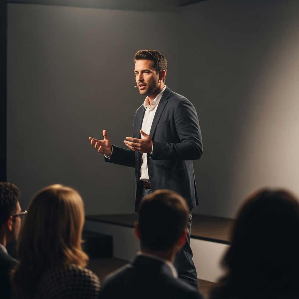 Image of a controversial Mormon influencer speaking at an event, with a logo of church and social media icons