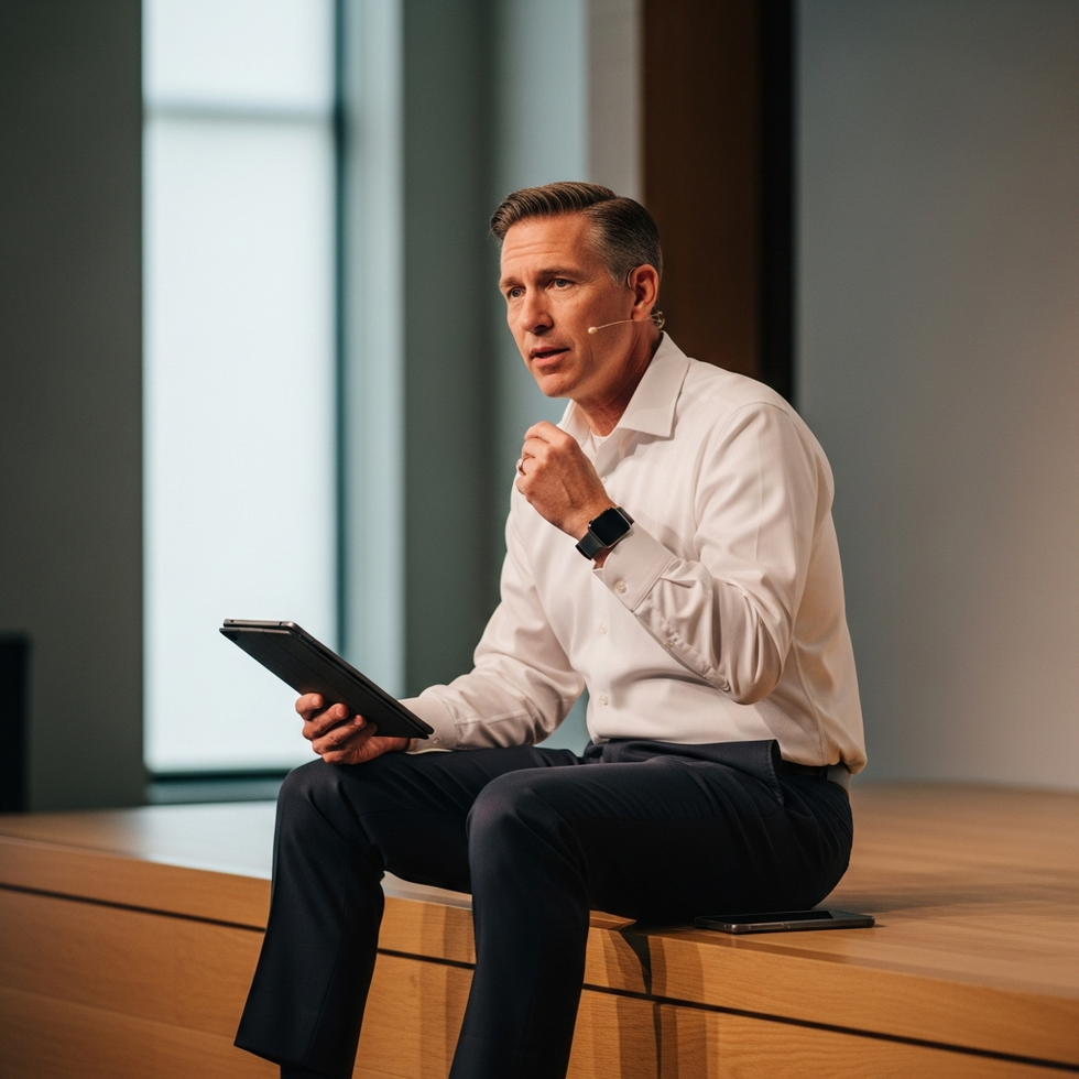 Image of a future-oriented Mormon influencer speaking at a conference, blending traditional attire with digital devices