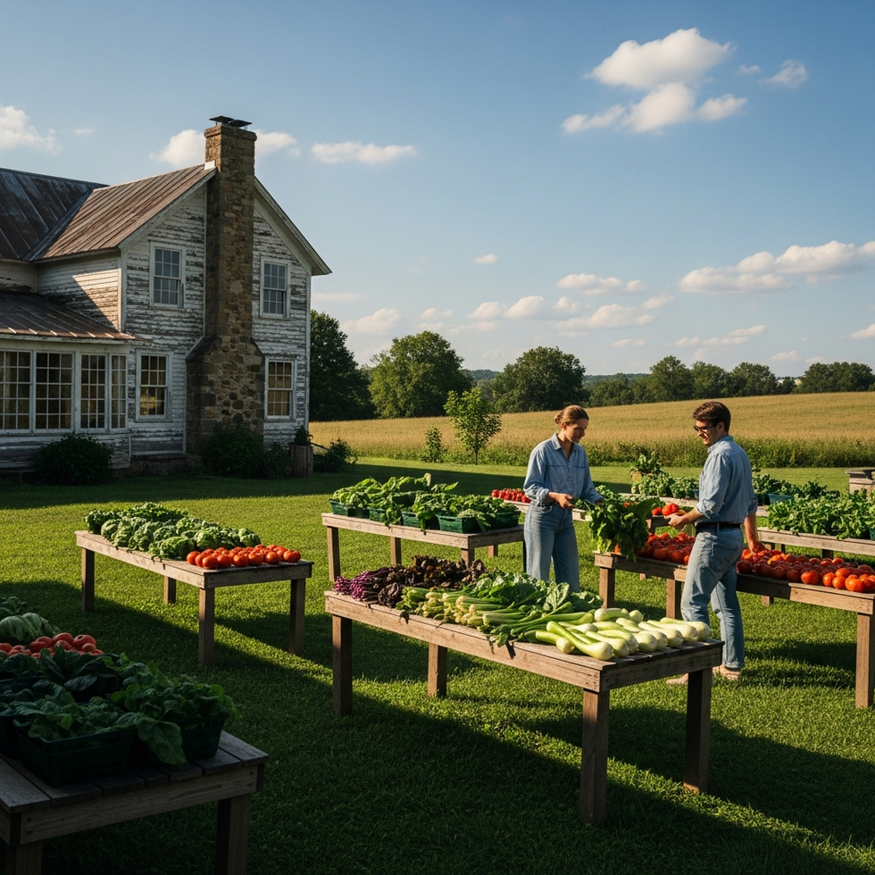 Photo of influencers visiting Ballerina Farm, showcasing farm produce and a rustic farmhouse setting