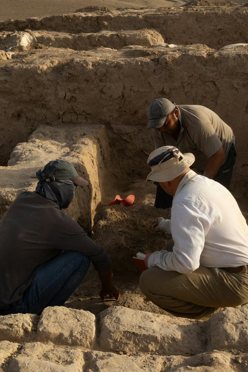 Neolithic artifacts Turkey Photograph of archaeologists excavating Neolithic tools and pottery at the Taş Tepeler site, with surrounding landscape