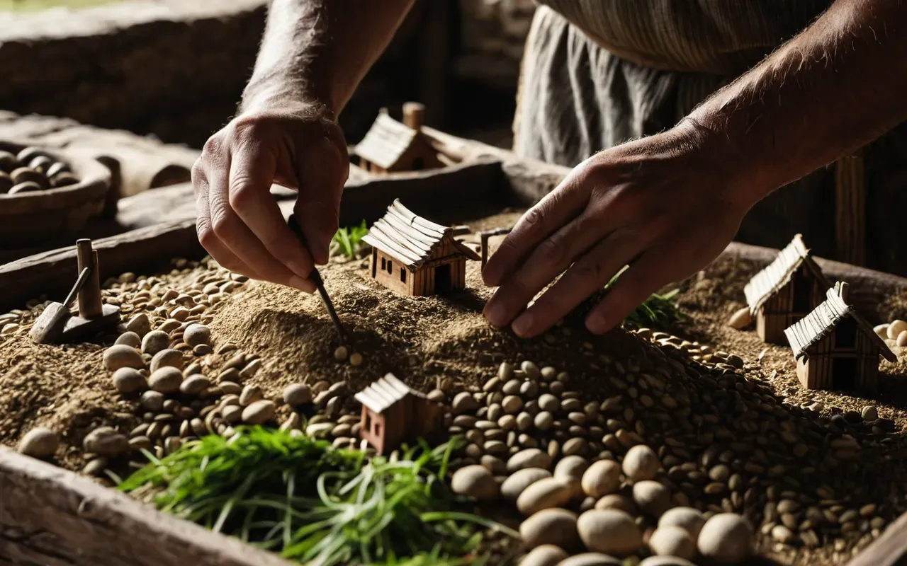 Neolithic innovations A close-up of hands assembling a wooden replica of an ancient settlement with small clay houses, farming tools, and seed pouches on a neutral table, soft natural lighting
