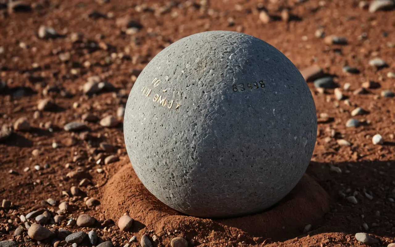 stone sphere discovery A close-up photograph of a perfectly smooth, grey stone sphere resting on rough, reddish-brown earth, illuminated by soft natural daylight, with a blurred background of an archaeological dig site featuring wooden stakes and canvas tents.