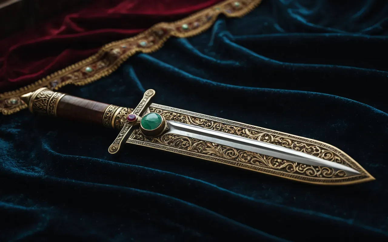 Topkapi dagger A close-up photograph of an ancient ornate dagger with a jeweled handle resting on dark velvet fabric, illuminated by soft museum lighting with no text or labels visible in the shot