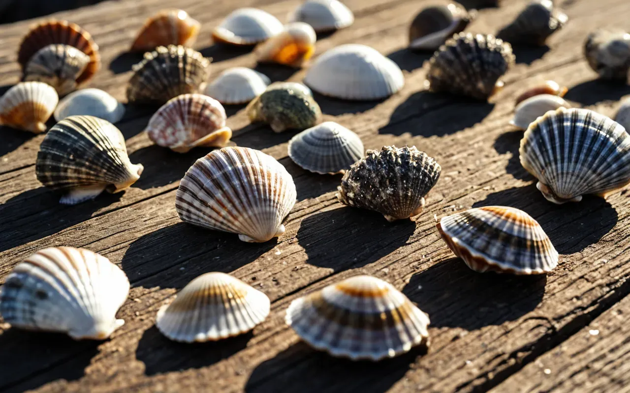 ancient shellfish A close-up shot of various ancient seashells and barnacles arranged neatly on a wooden surface. Natural sunlight highlights their textures.