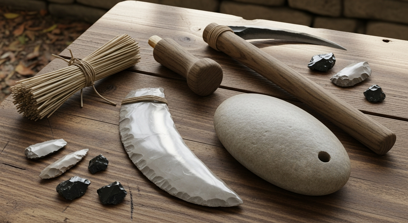 sustainable practices A detailed representation of ancient tools used for vegetation management, laid out on a wooden table with faint natural lighting and surrounding archaeological artifacts that emphasize early sustainable land practices, capturing a scholarly and reflective mood.