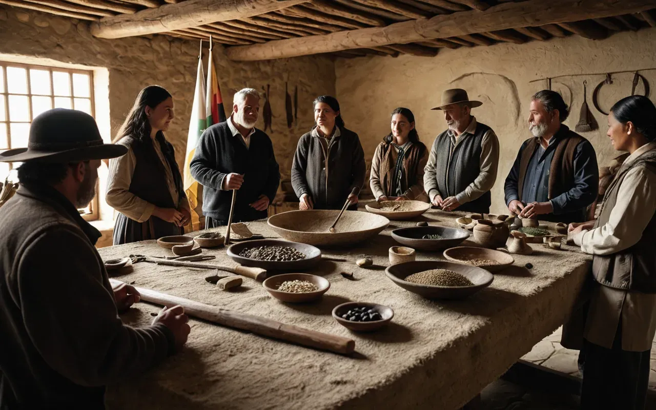 Neolithic heritage A diverse group of adults and children gathered around a large table displaying replica Neolithic artifacts, farming tools, and educational materials in a modern indoor setting with warm lighting, no text visible