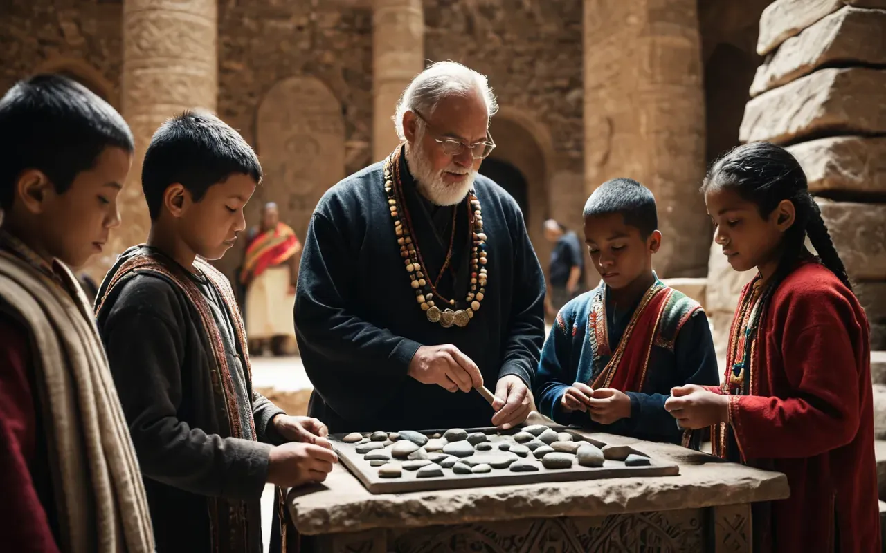 educational toys A group of diverse children and adults interacting with replicas of ancient stone tools and clay tablets in a brightly lit, modern indoor cultural space with wooden displays and natural lighting, no text visible