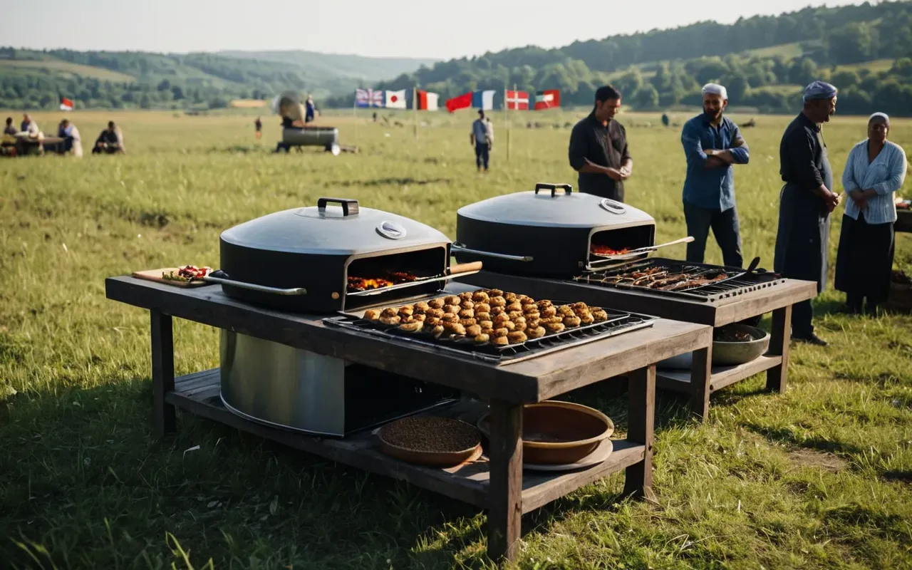 communal feast A modern outdoor cooking scene showing large clay ovens in an open field. Several people stand around preparing food together.