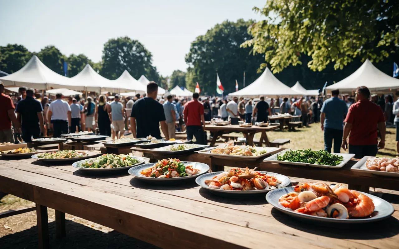 cultural heritage A modern outdoor cultural festival scene showing wooden tables set with fresh seafood dishes. People gather happily in a sunny open space.