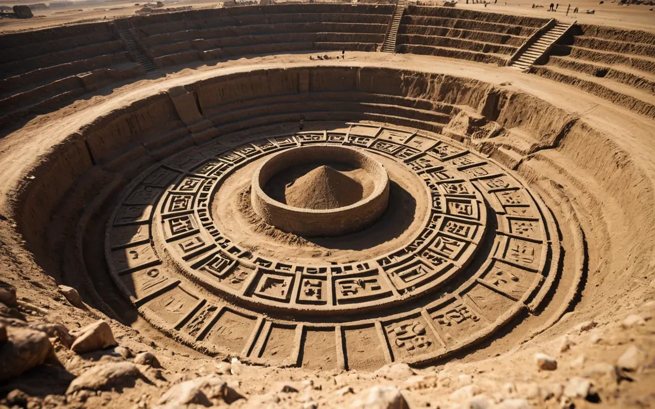 archaeological site A photo-realistic scene of a large circular excavation pit in dry earth. The ground is sandy and brown. There are neat stacks of ancient pottery shards and scattered seashells along the edge.