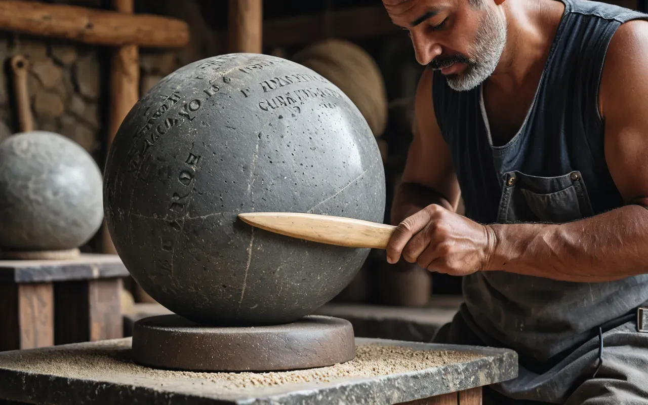 ancient craftsmanship A realistic illustration of an ancient craftsman carefully polishing a large grey stone sphere using a rough wooden tool and abrasive sand, set in a sunlit outdoor workshop with simple stone walls and clay pots in the background.