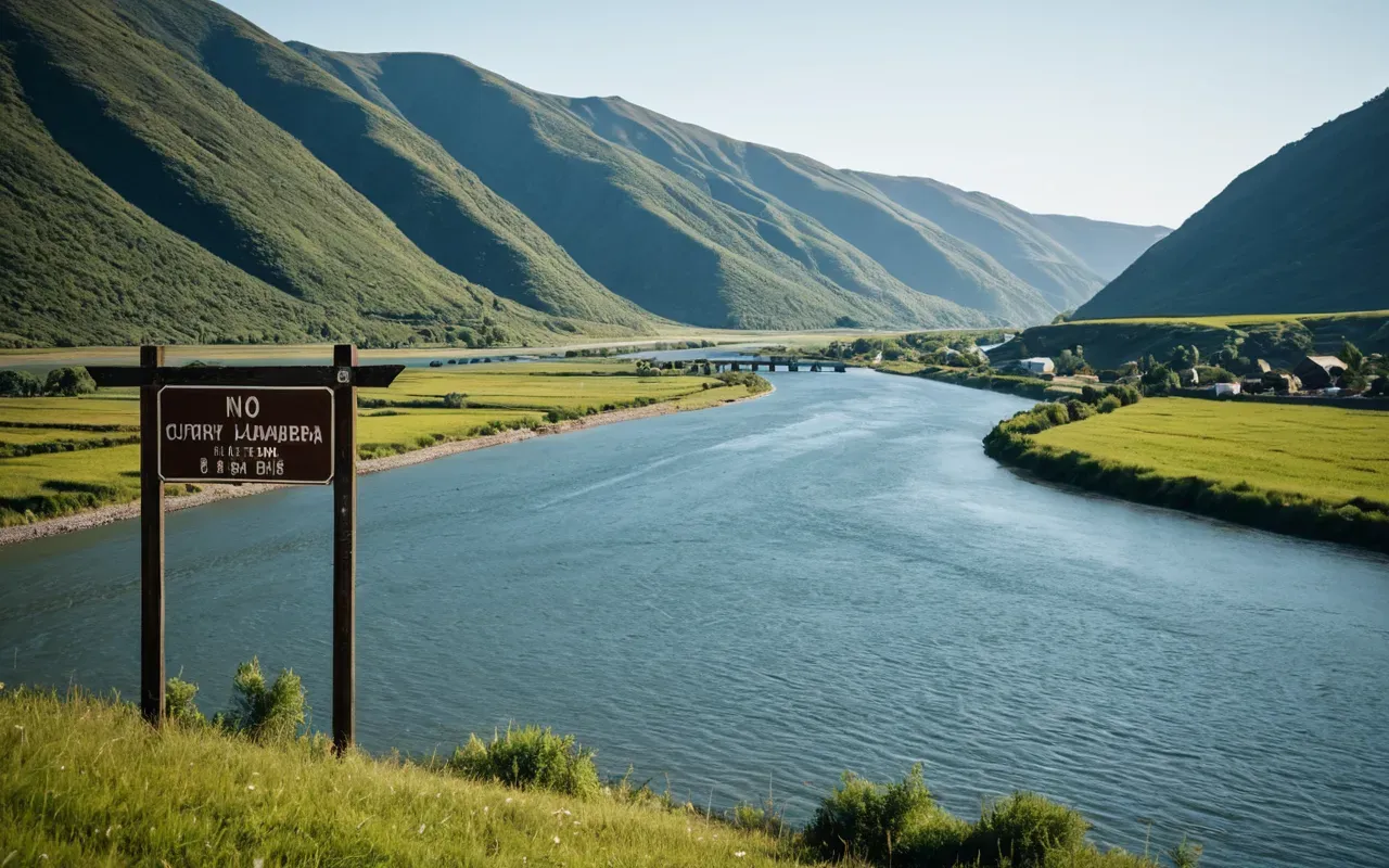 Bosphorus landscape A serene landscape photograph of a wide river with calm blue water, bordered by distant green hills and a clear sky, captured during golden hour with warm natural lighting