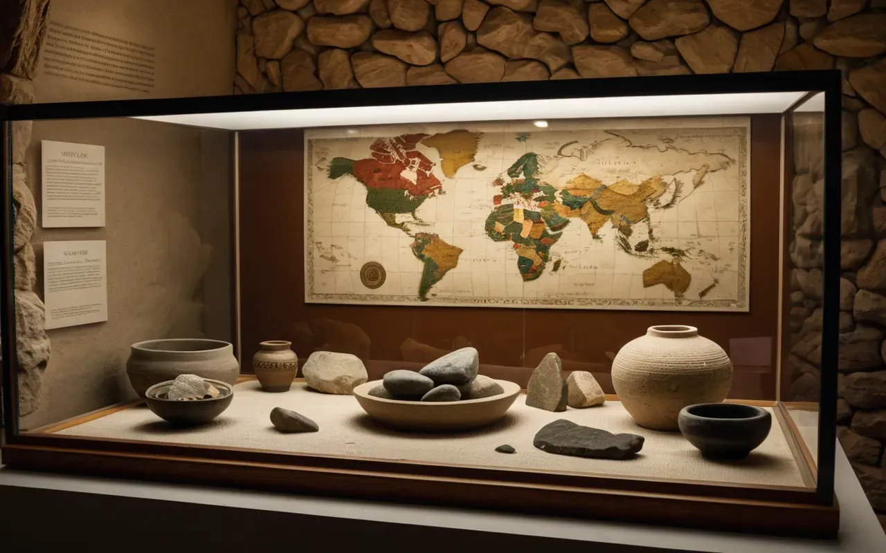 ancient artifacts A softly lit museum display case featuring carefully arranged ancient stone tools and pottery fragments on neutral fabric, with warm ambient lighting and no text labels or signage visible