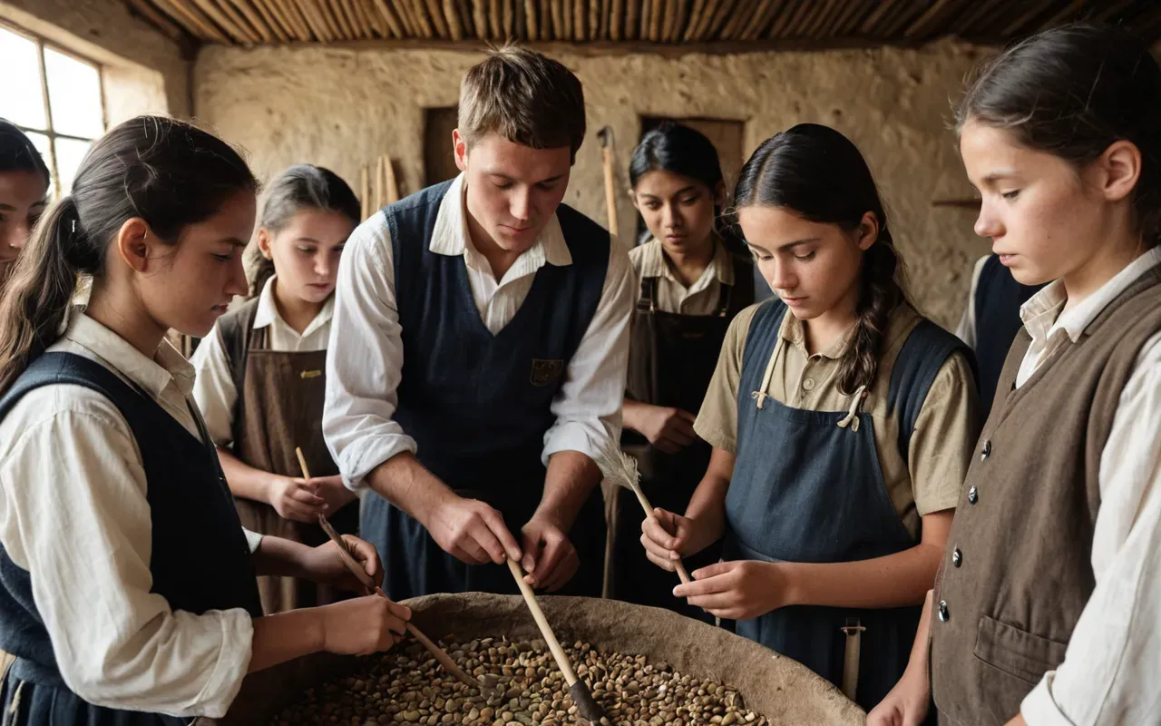 educational resources A teacher guiding a small group of students through a hands-on activity involving replica Neolithic farming tools and seed samples in a bright, modern classroom setting, no text visible