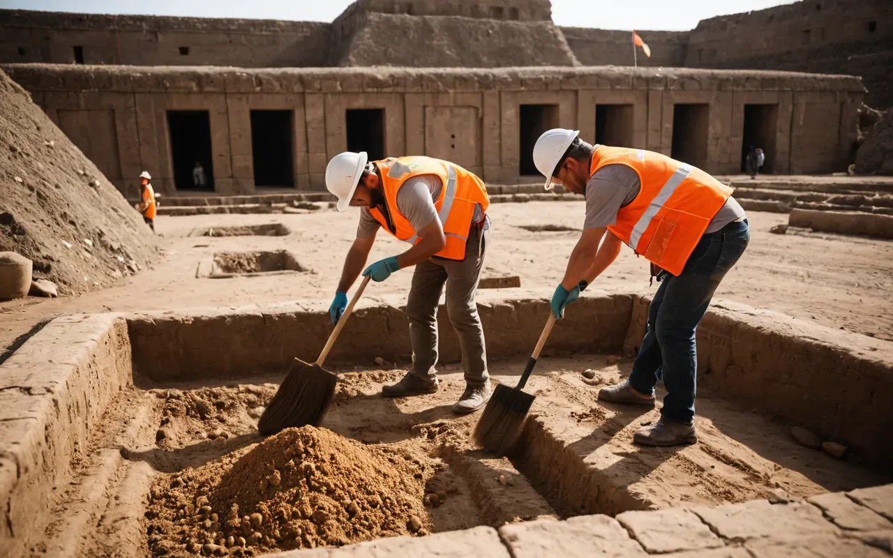 archaeological excavation A wide-angle outdoor shot of archaeologists in bright orange safety vests and helmets carefully brushing dirt in a large rectangular excavation trench under a soft overcast sky, with natural soil layers visible and no text or signs in frame