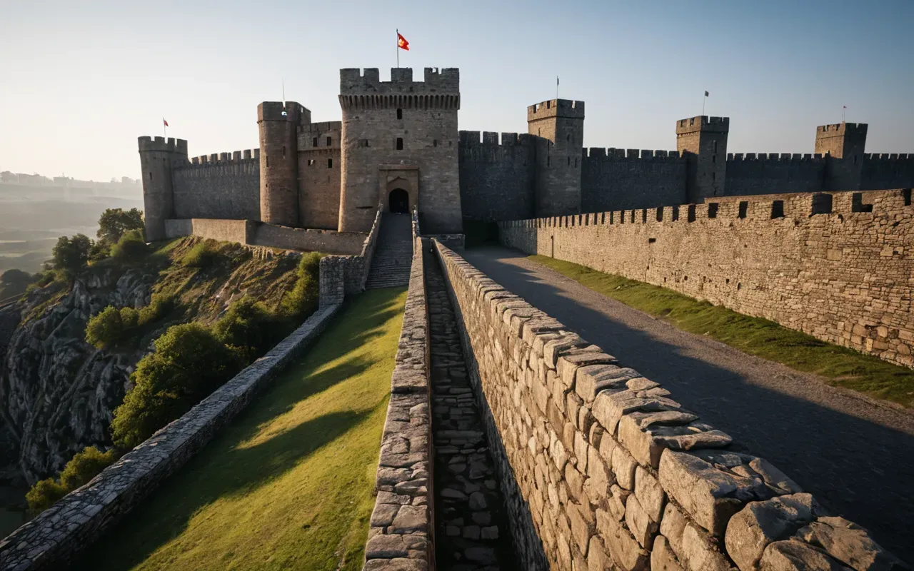 Topkapi walls A wide-angle photograph of a massive ancient stone fortress wall with high towers, casting long shadows in the morning light, with a clear blue sky above and no people visible in the frame