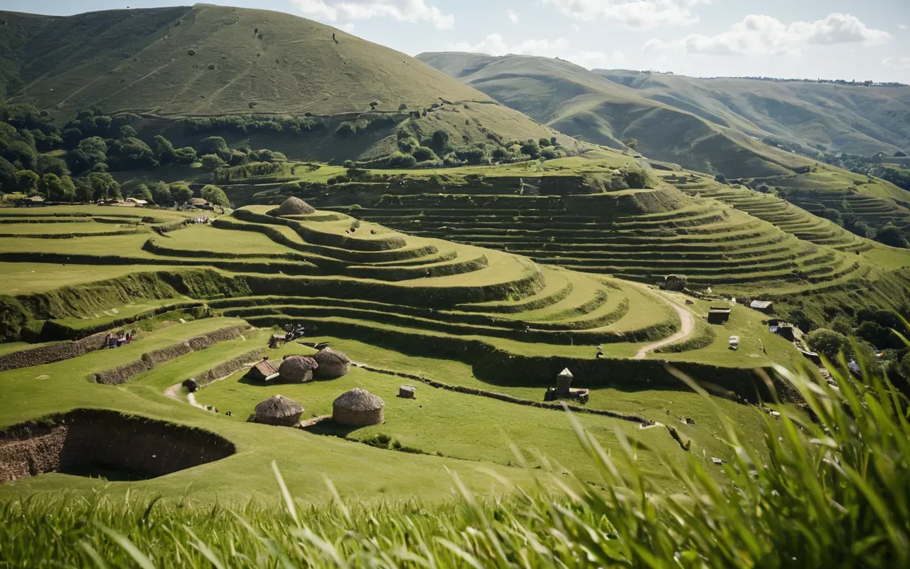 Bright daytime photograph showing expansive grassy hills dotted with low earthen mounds suggesting ancient archaeological excavation sites under clear blue sky emphasizing natural landscape beauty surrounding potential historical locations inviting exploration discovery travel adventure mood