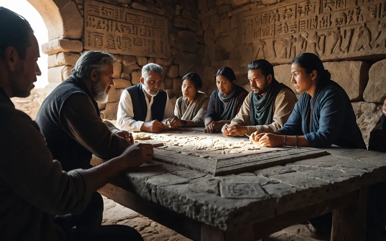 Clean editorial photograph depicting diverse group people gathered around large table examining ancient stone artifacts under focused lighting in modern community center setting emphasizing collaboration education interaction among participants