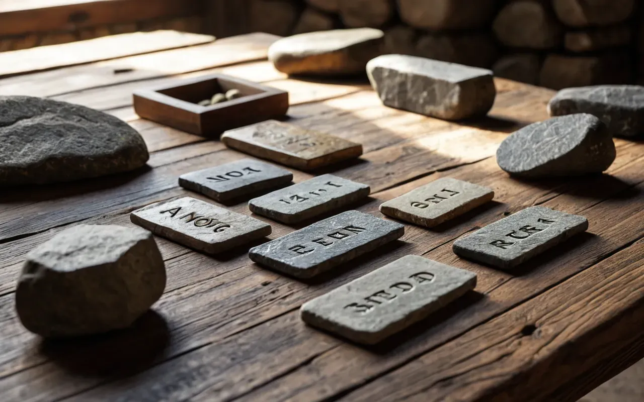 Close-up photo-realistic shot of weathered stone tools arranged neatly on a clean wooden table illuminated by soft natural sunlight streaming through a window highlighting texture and grain