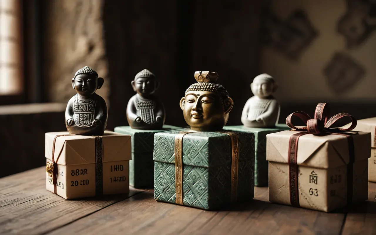 Editorial still life photograph showing beautifully wrapped gift boxes alongside small ceramic figurines resembling ancient human forms placed neatly on a polished wooden shelf bathed in warm ambient lighting creating cozy atmosphere