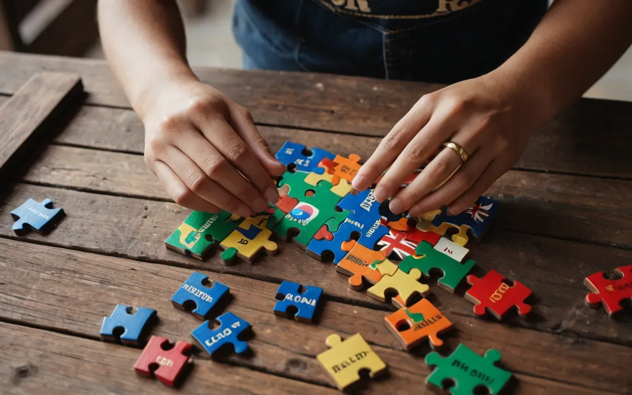 High-angle editorial photograph showing hands assembling colorful wooden puzzle pieces representing early architectural structures on a bright clean desk surface with good lighting and neutral background colors