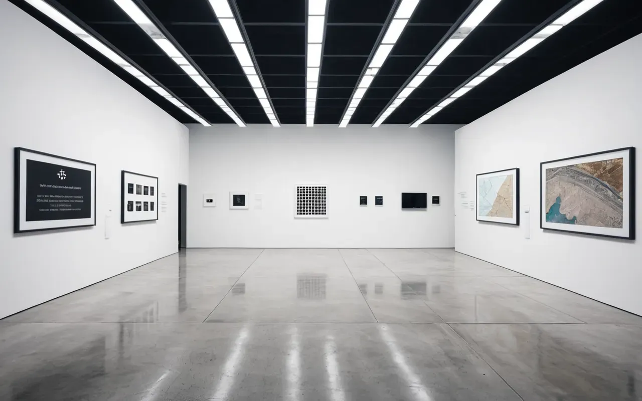 Wide editorial photograph of a modern minimalist museum gallery with stark white walls and concrete floors displaying abstract geometric sculptures under bright artificial lighting