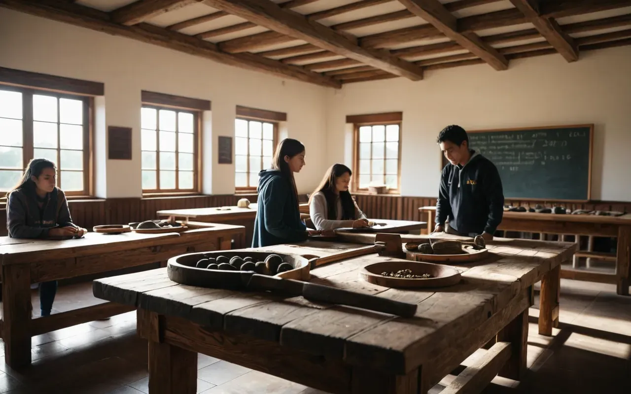 A bright modern classroom setting with diverse students examining large wooden replicas of ancient farming tools on a central table, natural sunlight streaming through large windows, clean neutral walls, and educational posters displaying historical timelines in the background
