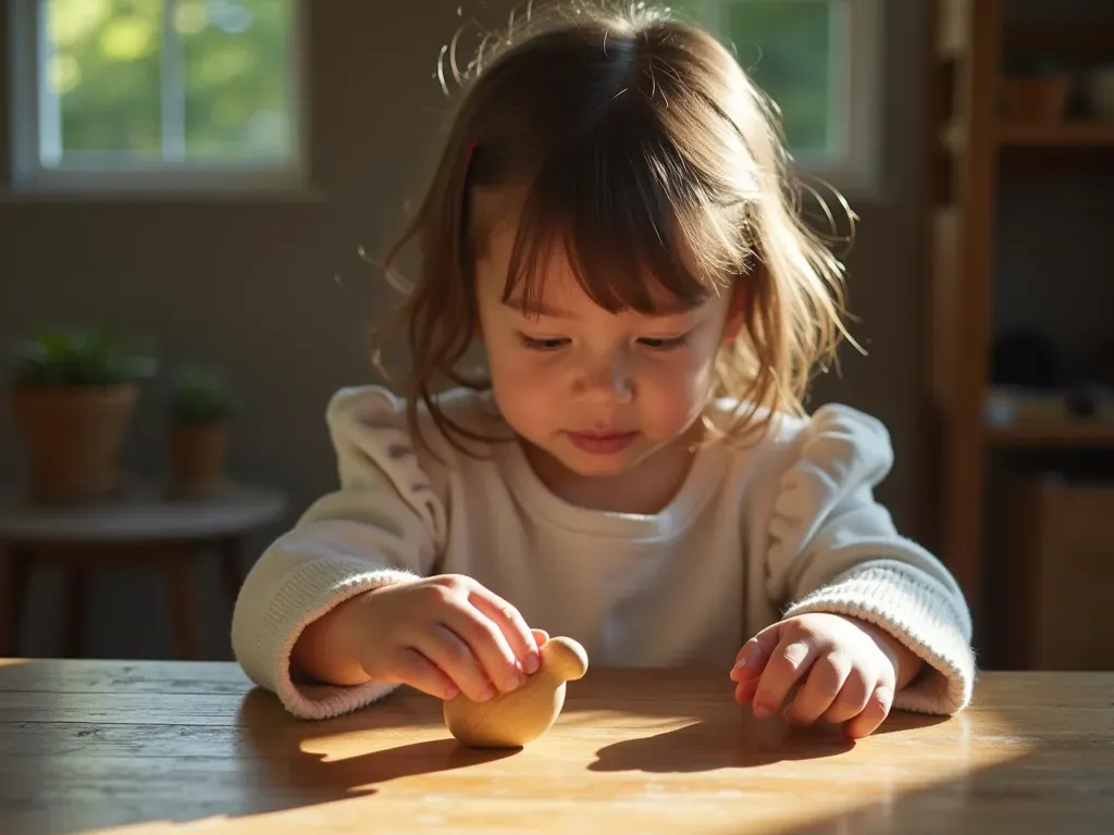 A child’s hands interacting with a small wooden toy on a rustic table, surrounded by soft daylight and natural textures.