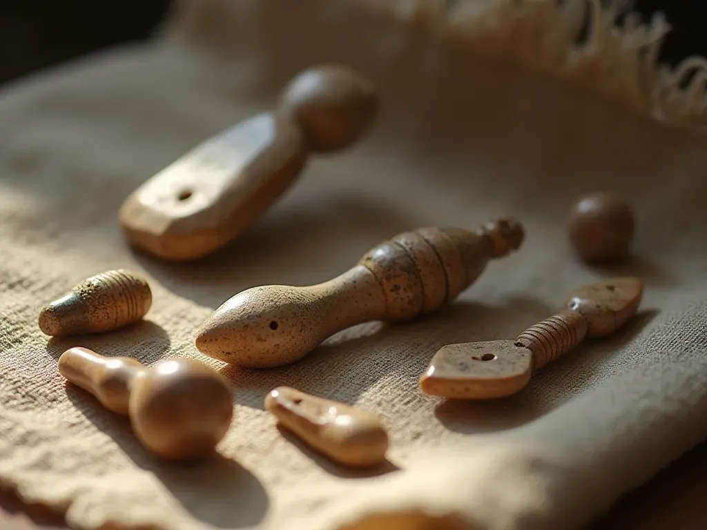 A close-up macro photograph of ancient stone tools and small carved beads resting on a textured linen cloth in soft natural light highlighting the intricate details of flint knapping and smooth polished surfaces without any text labels.