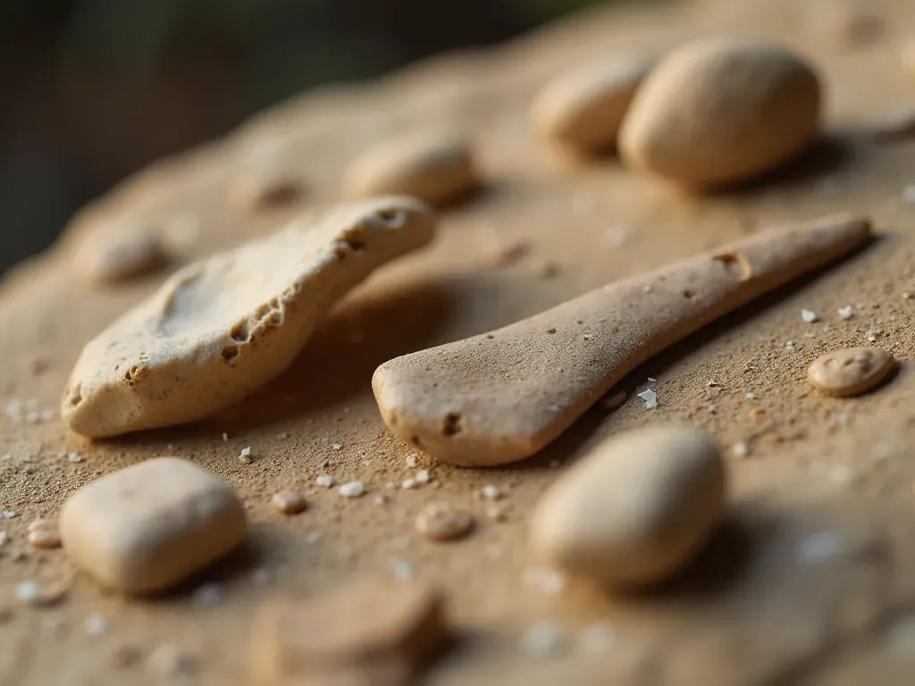 A close-up macro shot of small archaeological artifacts on a neutral surface. Visible items include smooth stone beads, sharp flint tools, and ancient teeth. Soft natural lighting highlights textures. No text labels or rulers are visible.