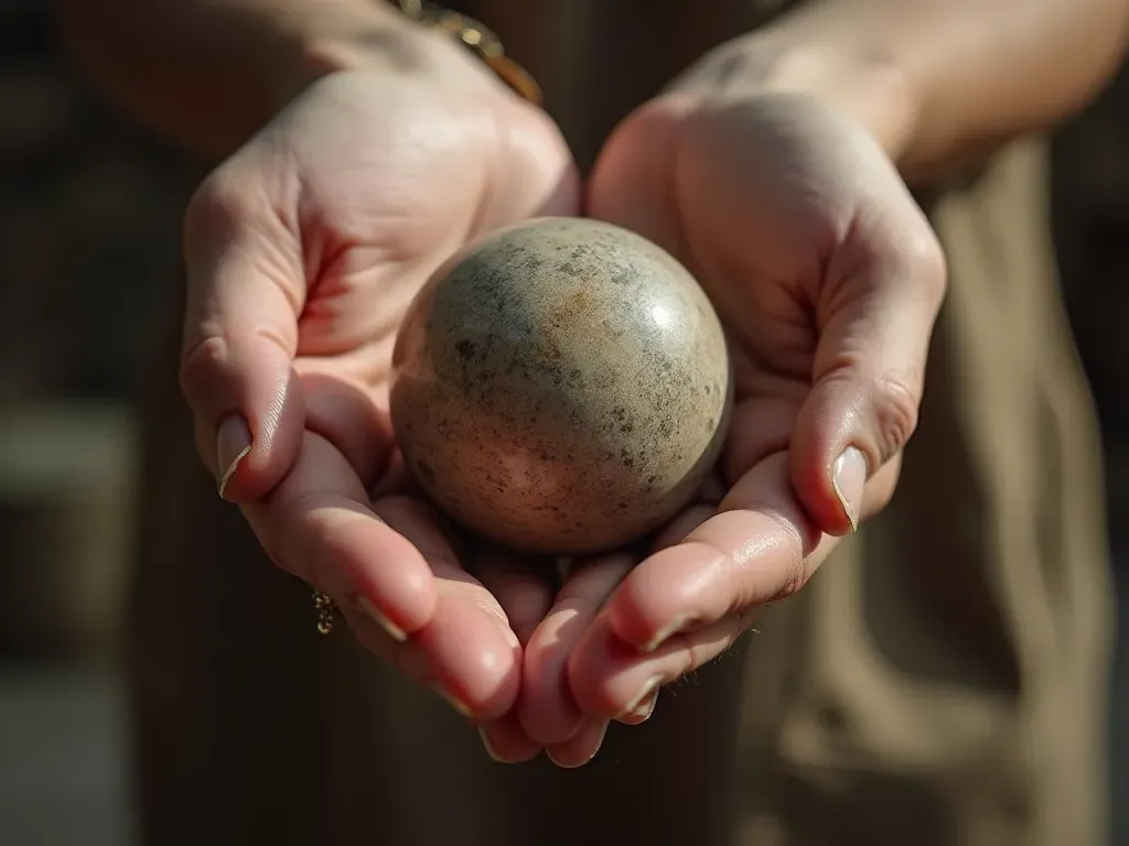 A close-up of a small polished stone sphere held in two hands against a blurred background of archaeological tools and soft natural light.
